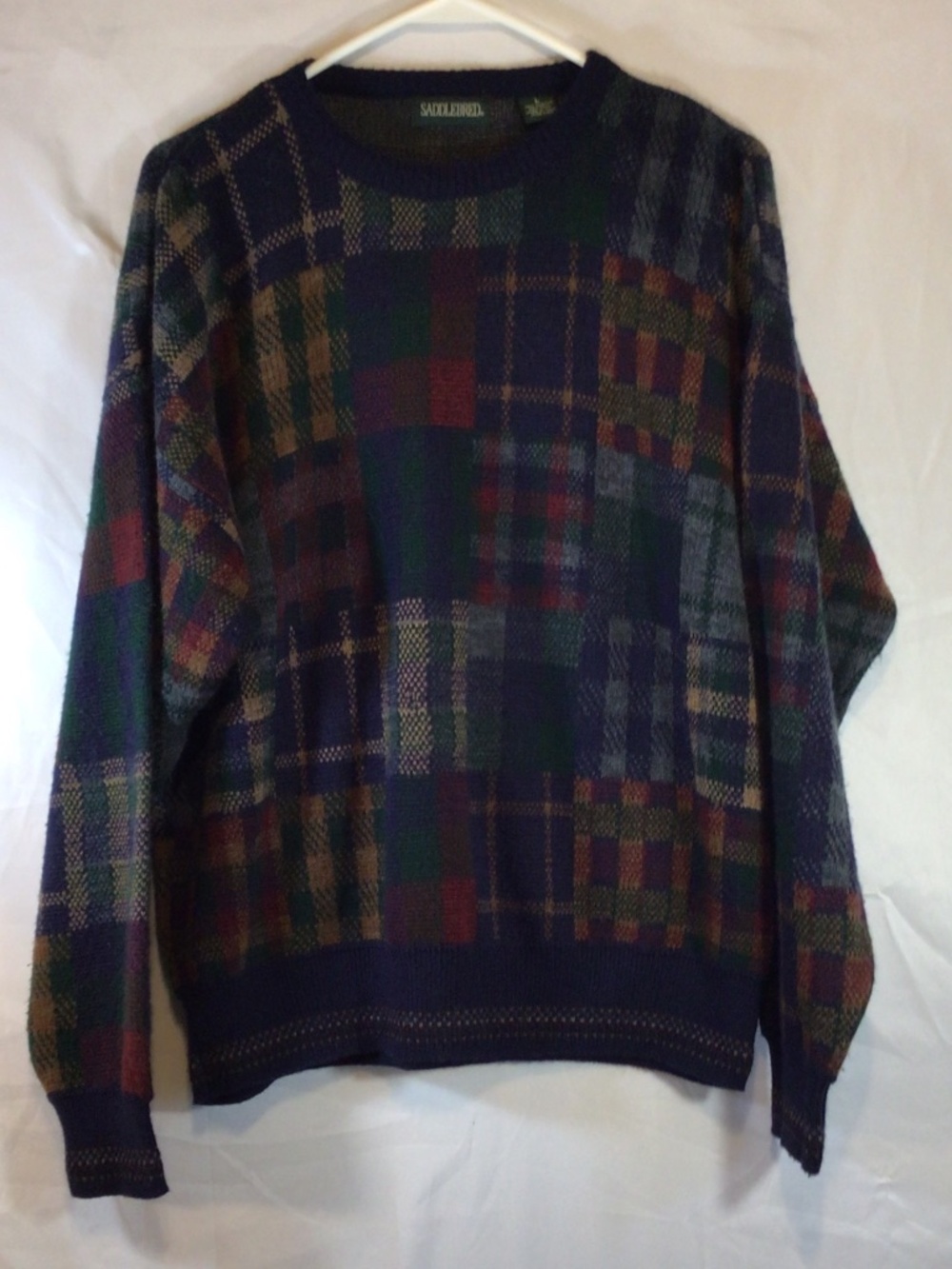 saddlebred men plaid sweater Large long sleeve grandpa patchwork dark academia